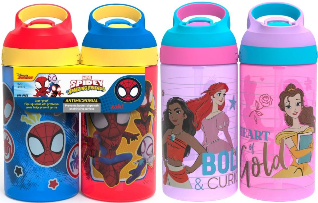 two kids Spider-Man water bottles and two Disney Princess water bottles