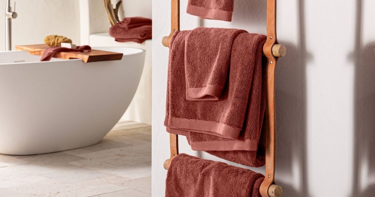 bath towels hanging on ladder towel holder