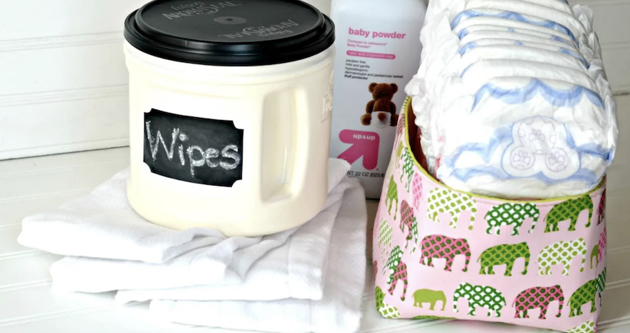 coffee container upcycle with baby wipes and diapers