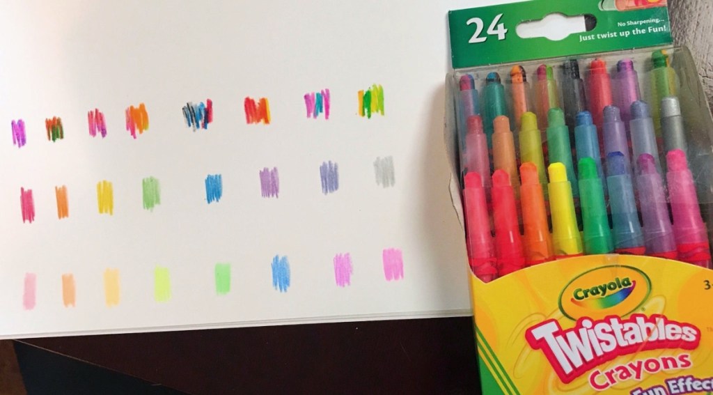 paper showing test swatches from Crayola Twistables