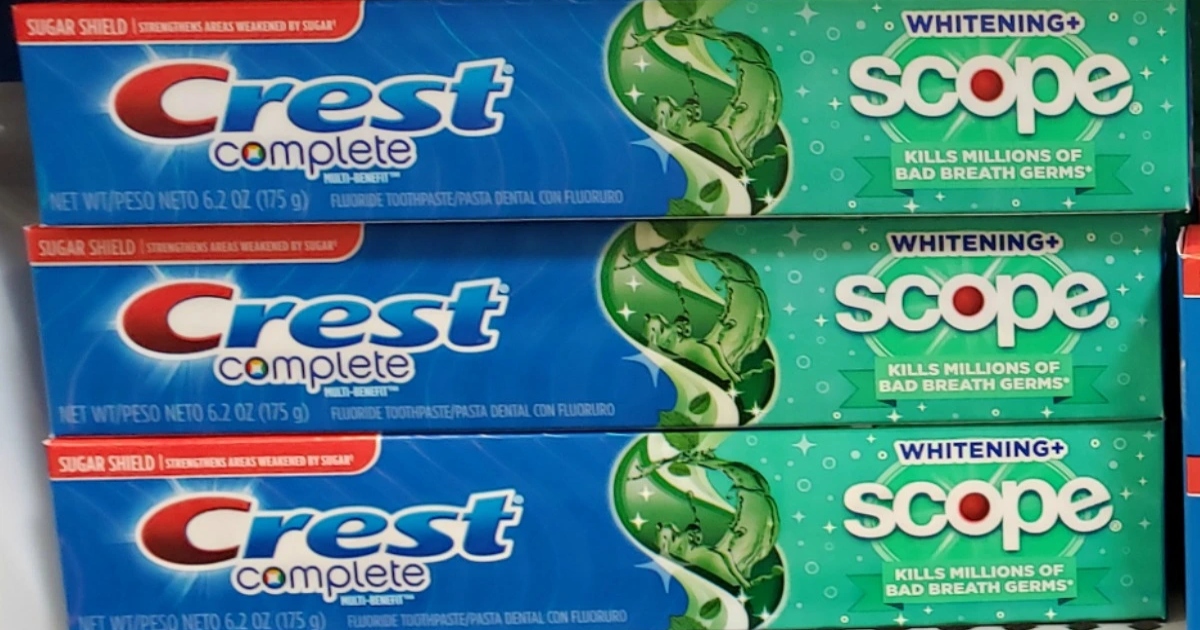 Three packs of Crest complete toothpaste
