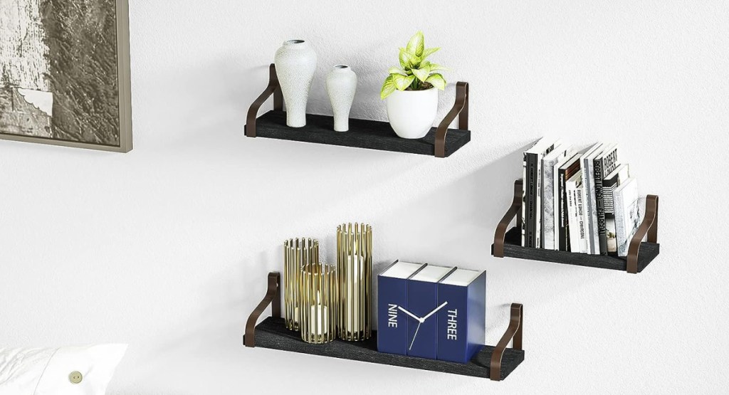 display of woods shelves with items on them