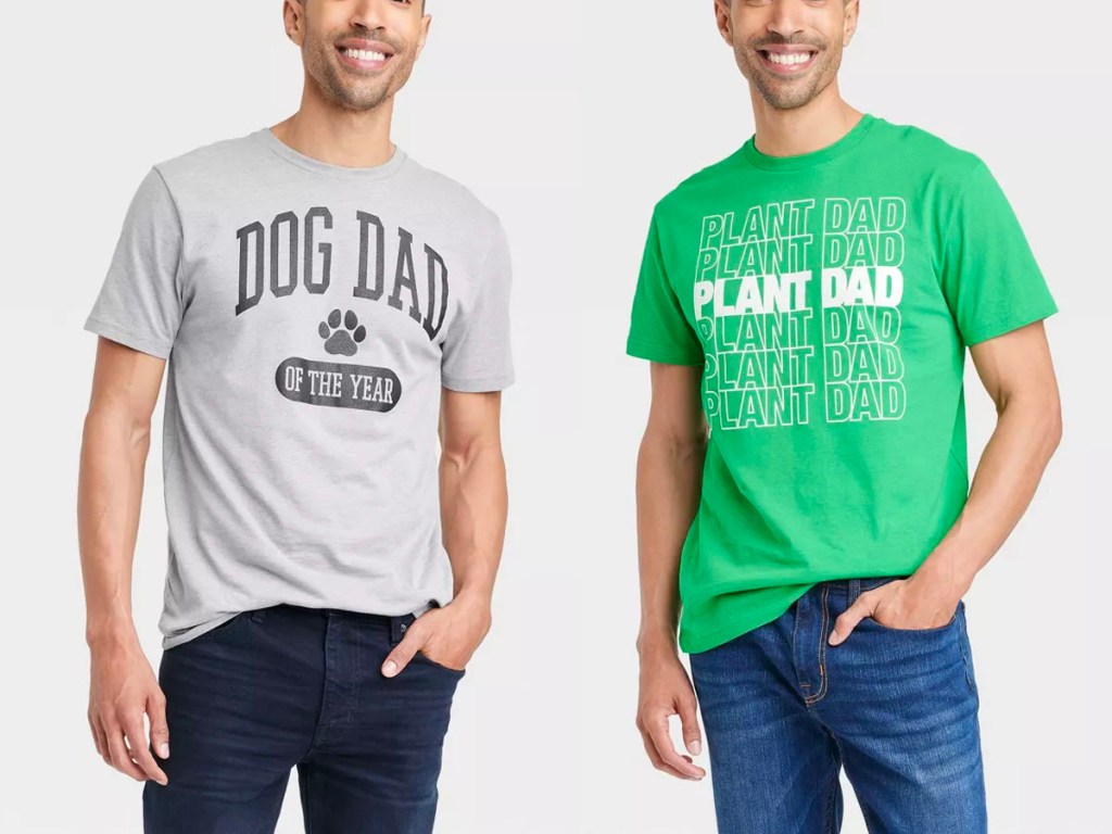 two men wearing dog dad and plant dad tees