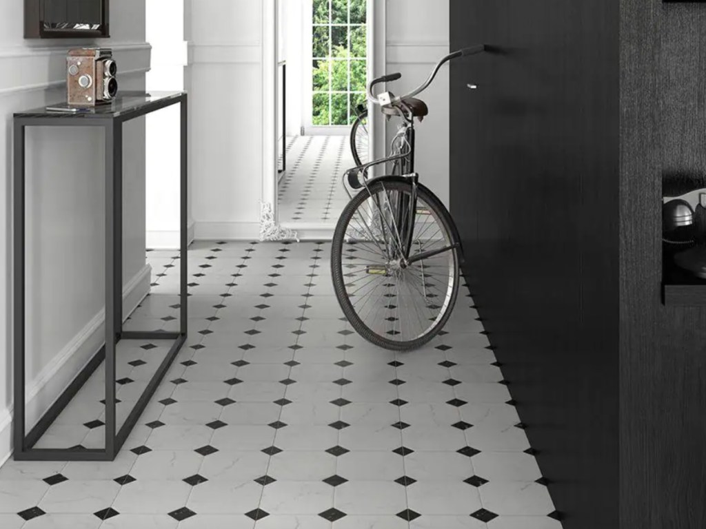 black and white tile in hallway