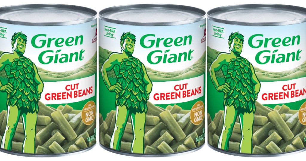 three side by side stock images of green giant green beans in cans