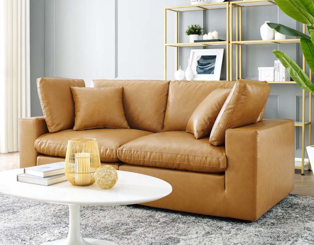 vegan leather couch on living room show floor