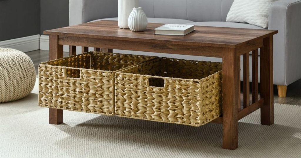 coffee table with baskets underneath