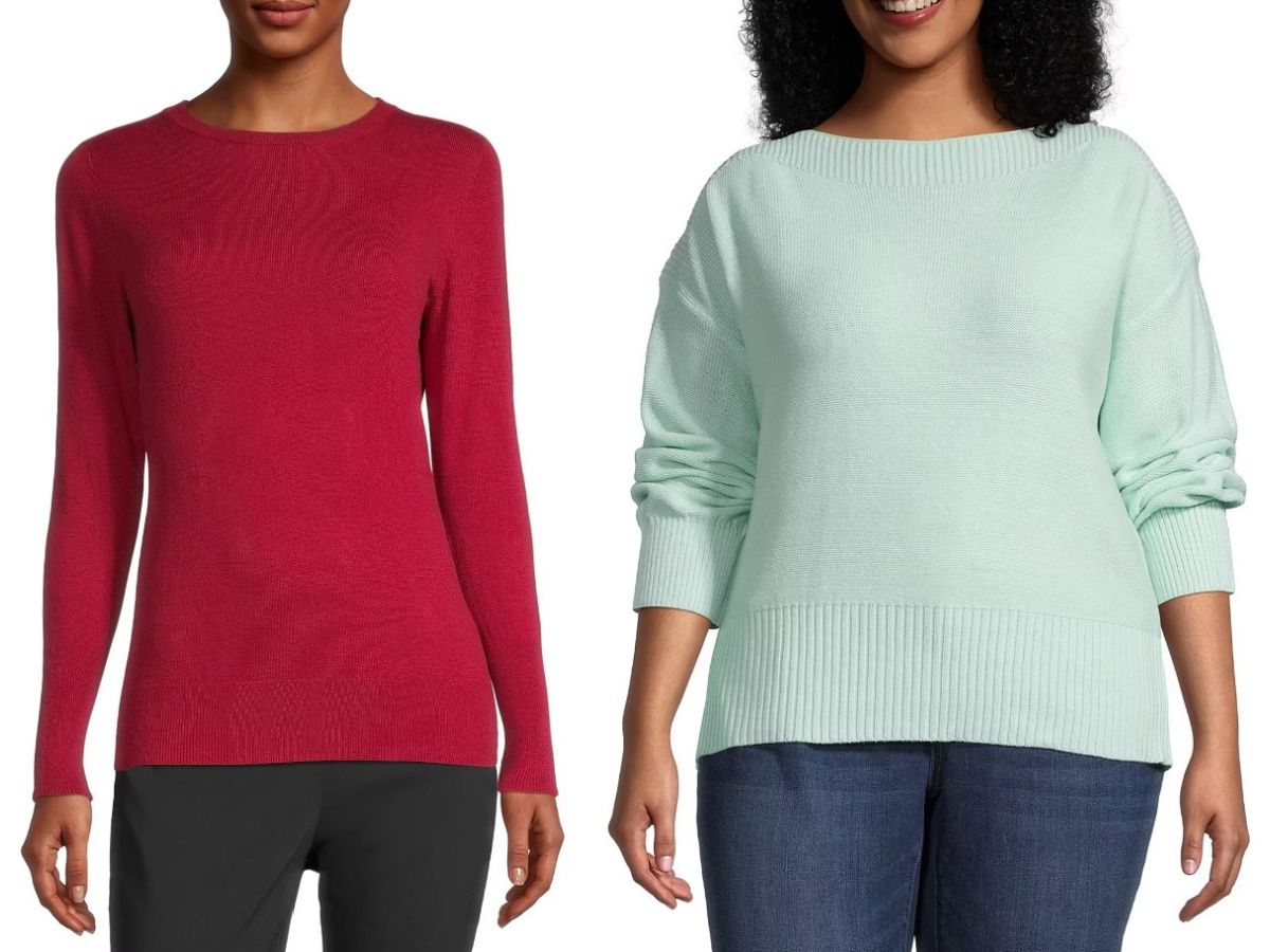 woman wearing red sweater and woman wearing mint green sweater