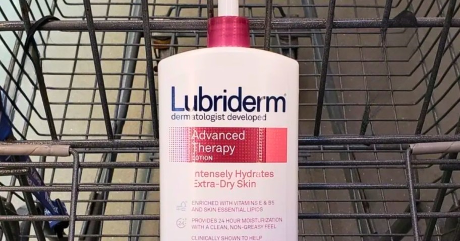 a large bottle of Lubriderm Advanced Therapy Lotion in a shopping cart