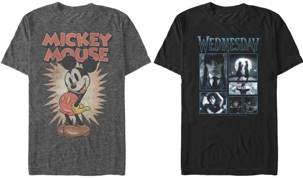 mickey mouse and Wednesday graphic tees