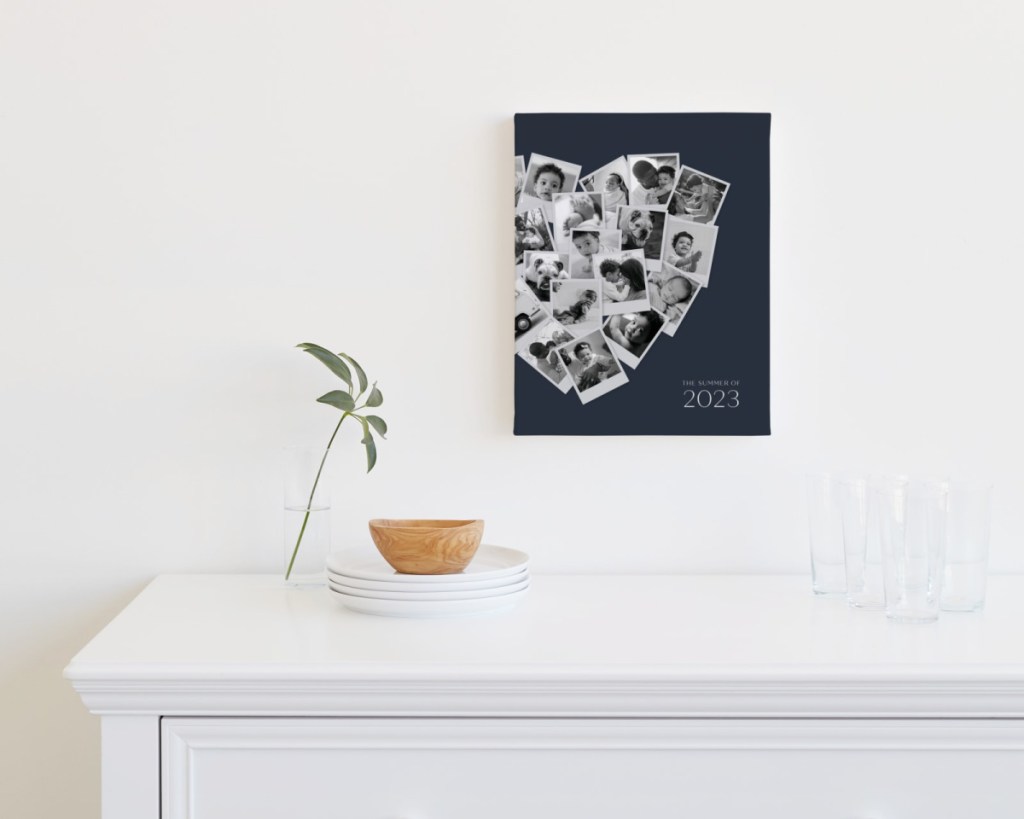 heart collage print hanging on wall