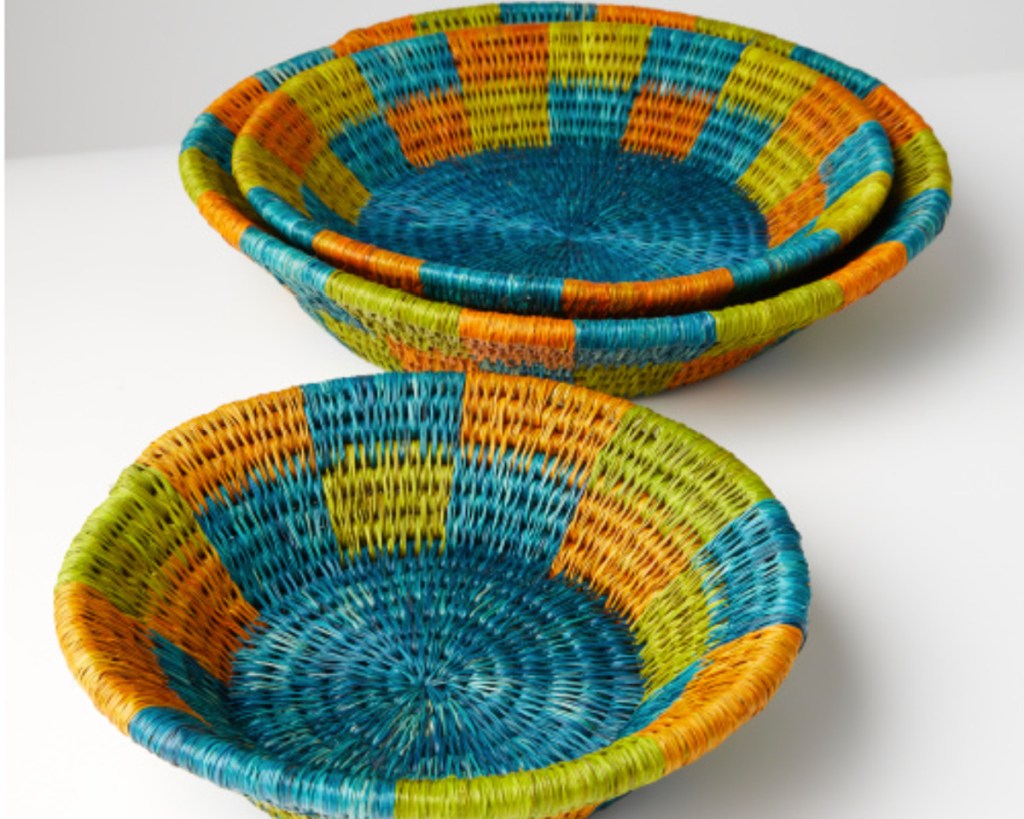 multicolored basket plates