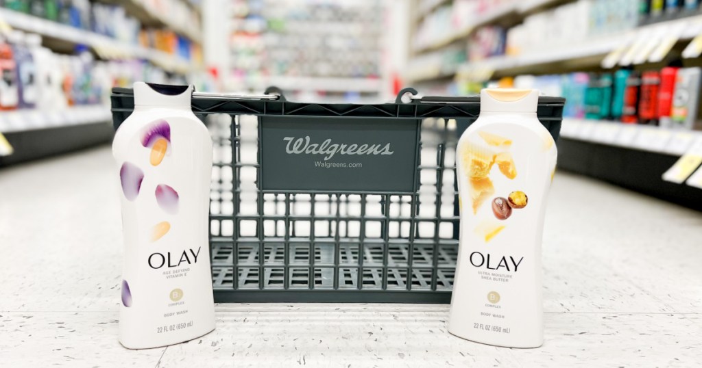 olay bottles with walgreens basket