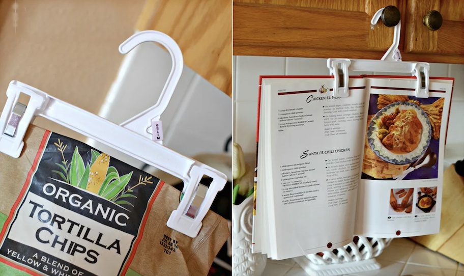 Plastic hanger on tortilla chips bag and recipe book 