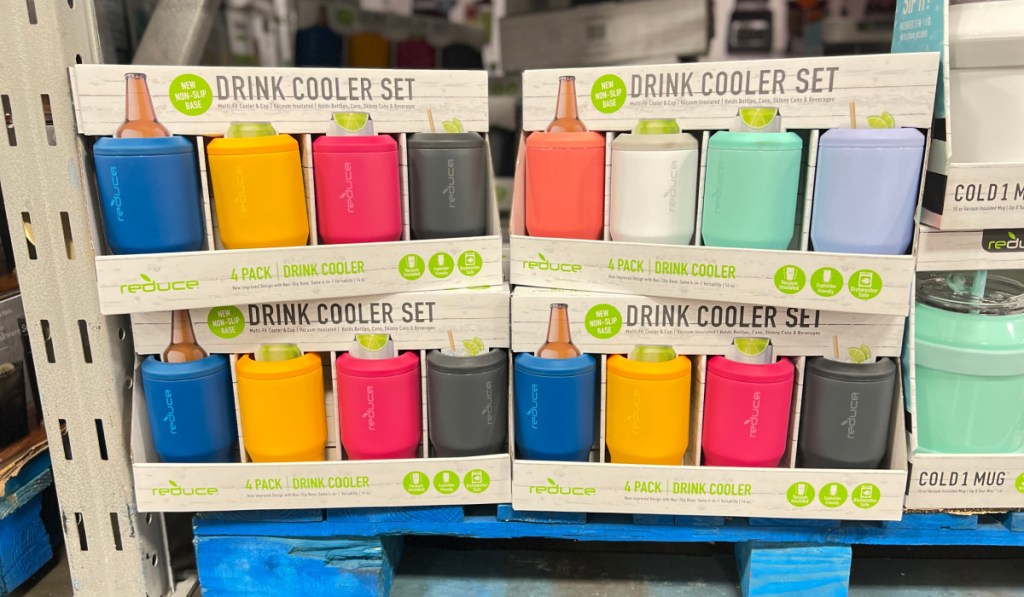 many boxes of drink coolers in store