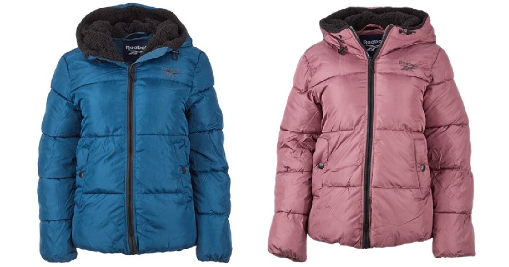 blue and pink Reebok puffer jackets