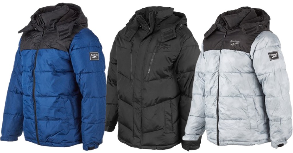 blue, black, and gray Reebok puffer jackets