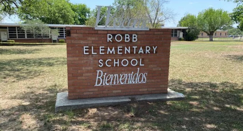 robb elementary school brick sign outside in grass
