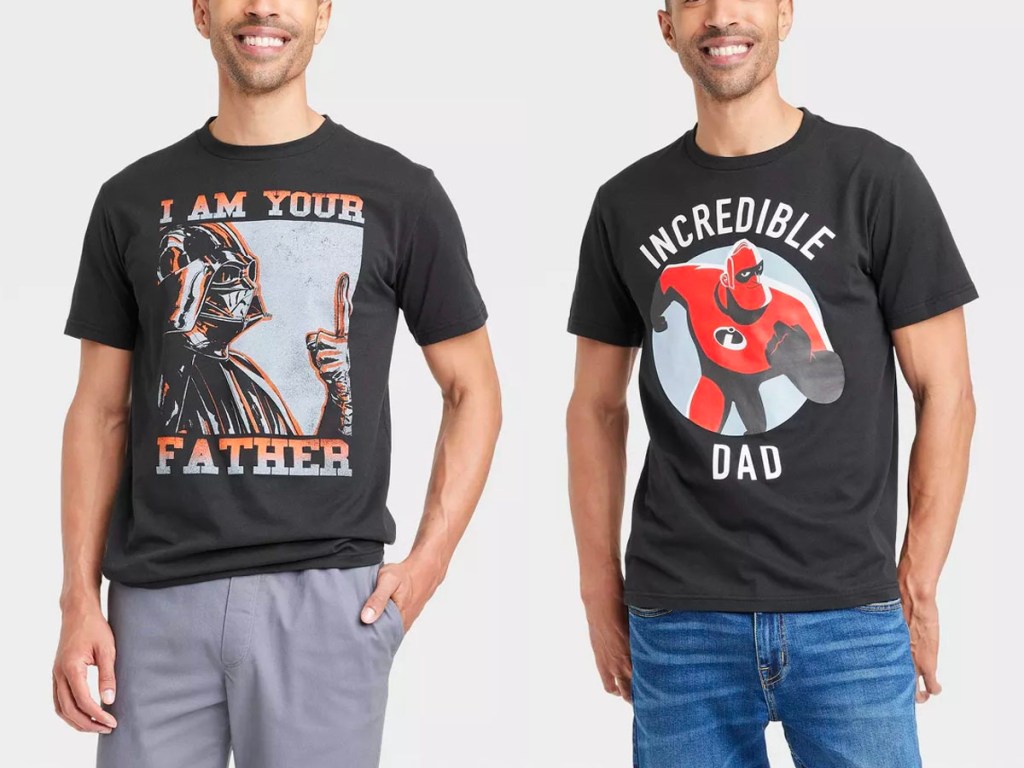 two men wearing star wars and incredible dad tees 