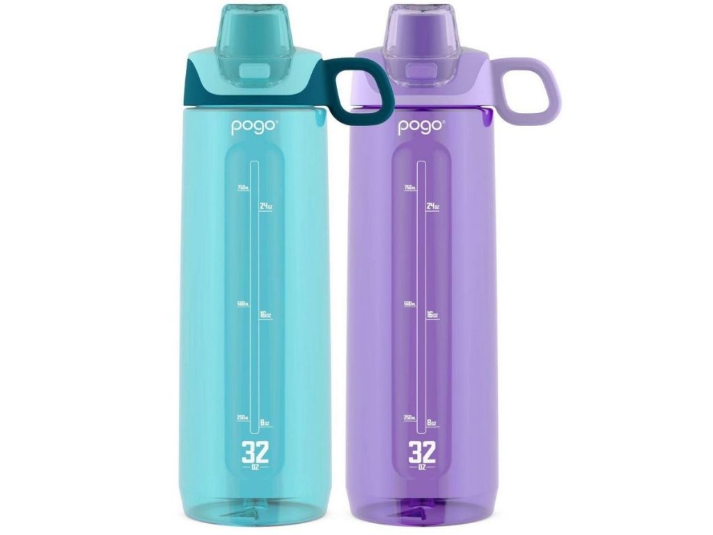 blue and purple pogo water bottles