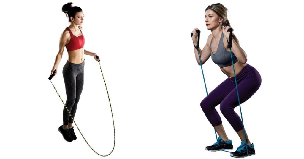 woman jumping rope and woman using resistance rope