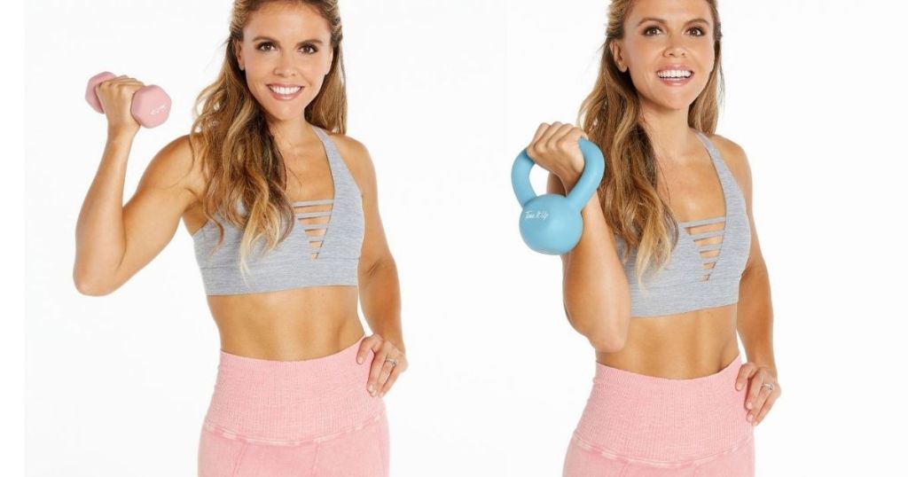 woman holding dumbbell and woman holding kettle bell