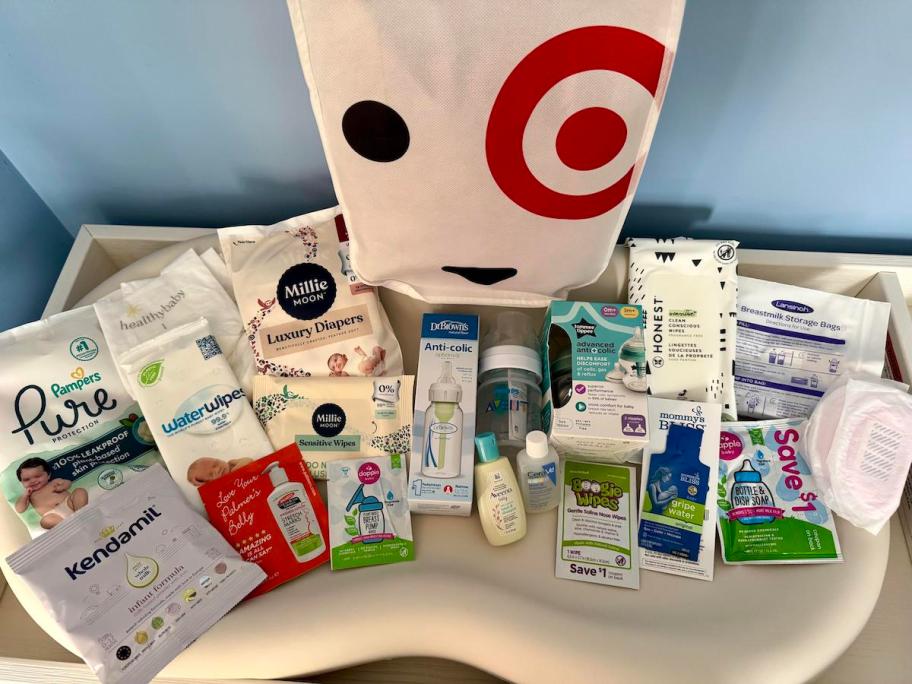 target free Baby Registry Welcome Kit laid out on changing mat