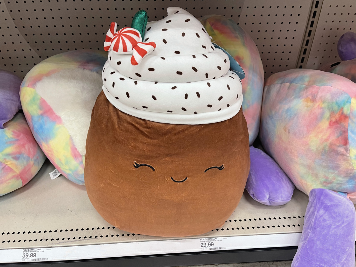 target squishmallows peppermint latte plush on a store shelf
