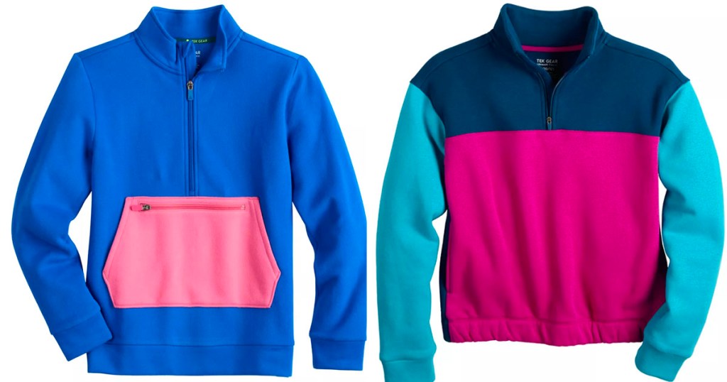 blue and pink fleece jackets