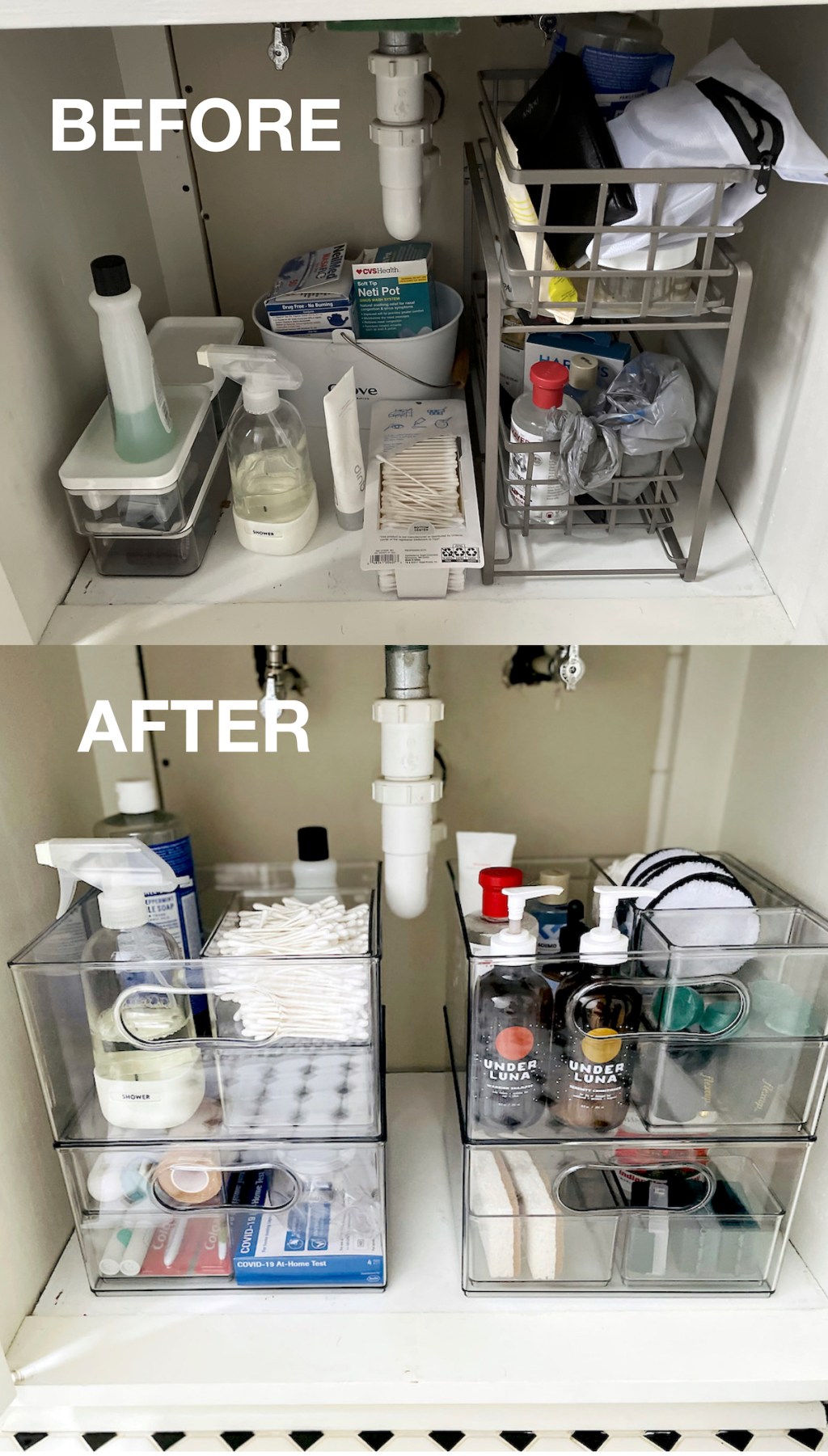 before and after of bathroom sink with home edit walmart organizers