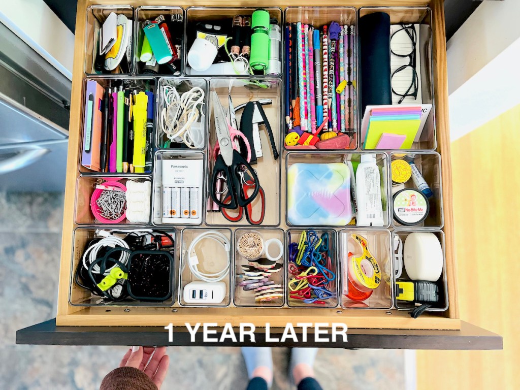 top view of organized junk drawer