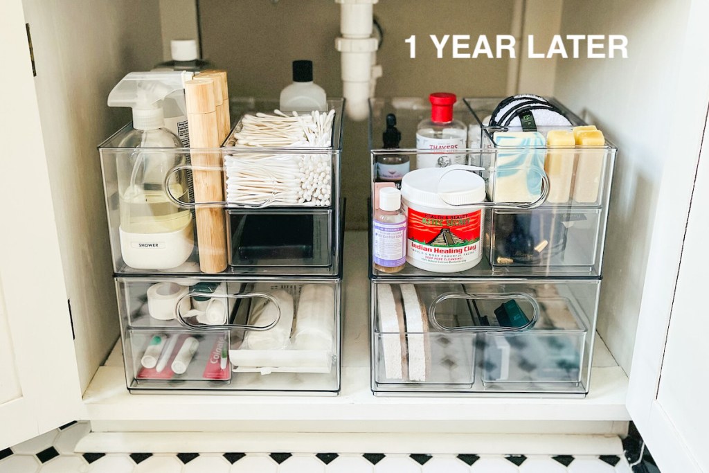 one year later progress photo of the home edit products walmart bathroom organizers