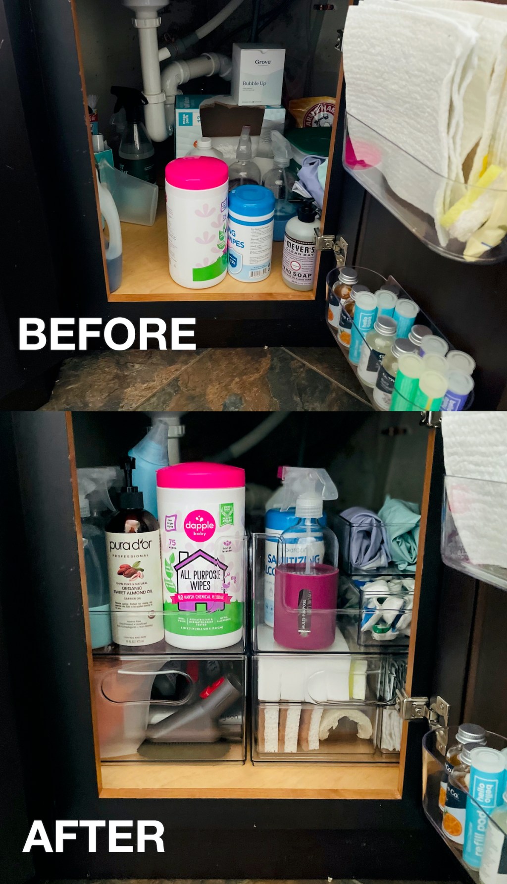before and after of messy and organized kitchen sink