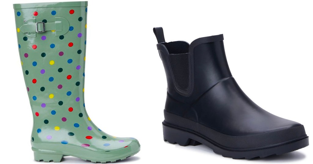 green polka dot rain boots and black mid length rain boots