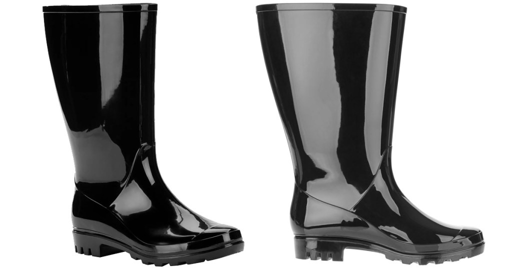 two pairs of tall black shiny womens rain boots