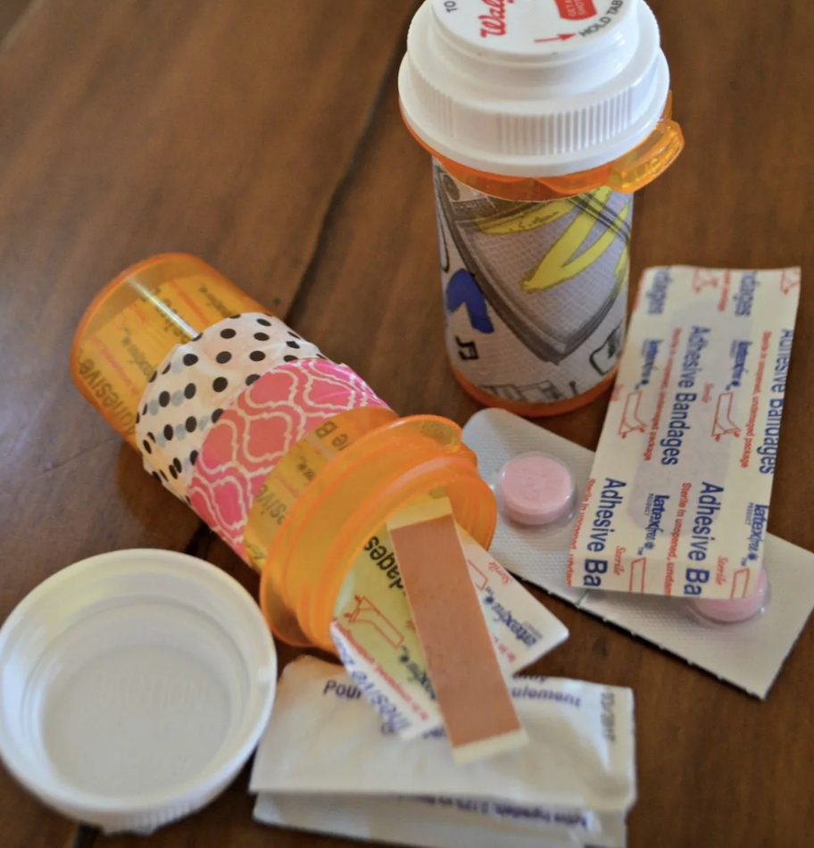 empty medicine bottles with bandages