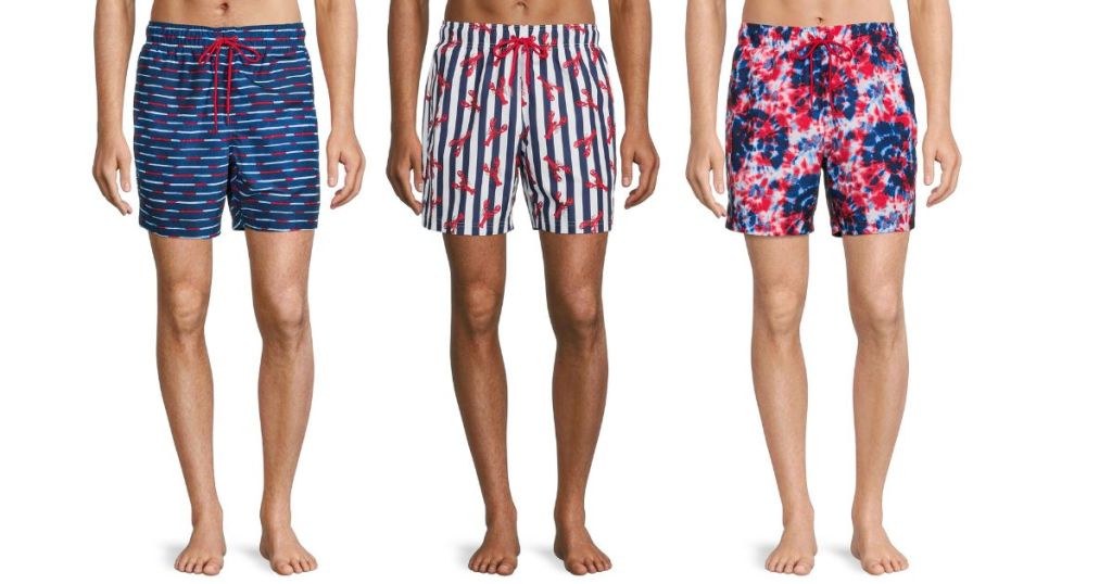 3 men wearing patterned swim trunks