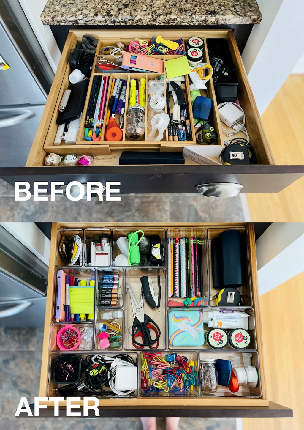 before and after of junk drawer using walmart home edit organizers