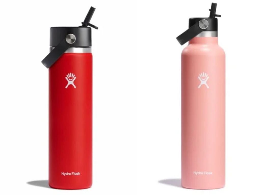 Red Hydro Flask and Pink Hydro Flask bottles