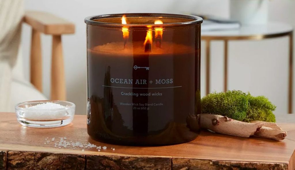 23oz XL 3-Wick Ocean Air + Moss Wooden Amber Glass Candle