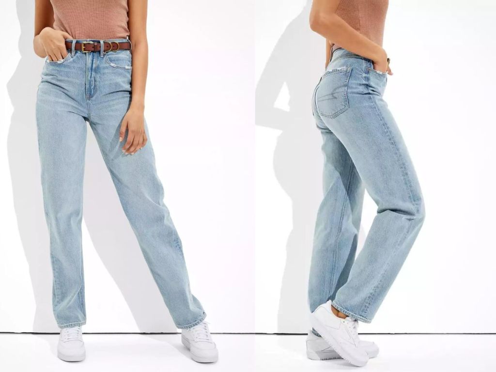 front and side view of AE Women's Highest Waist Baggy Straight Jean