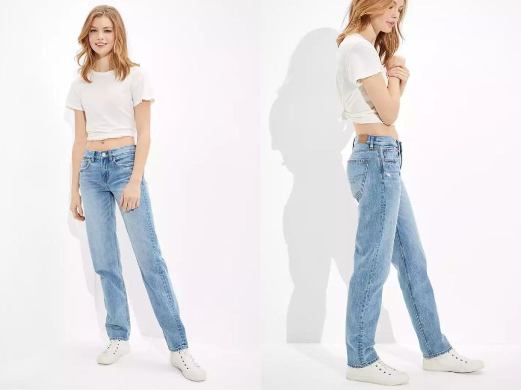 side and front view of AE Women's Low-Rise '90s Straight Jean