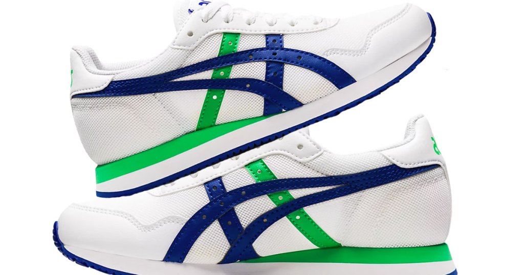 white, blue, and green asics kids shoes