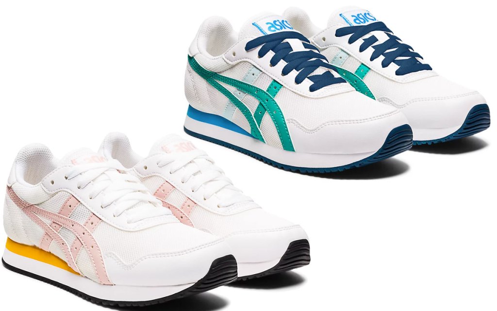 two pairs of asics kids shoes