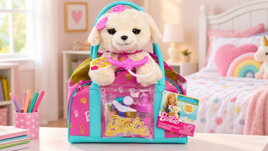 Barbie pet inside of purse displayed on top of a kids bedroom table