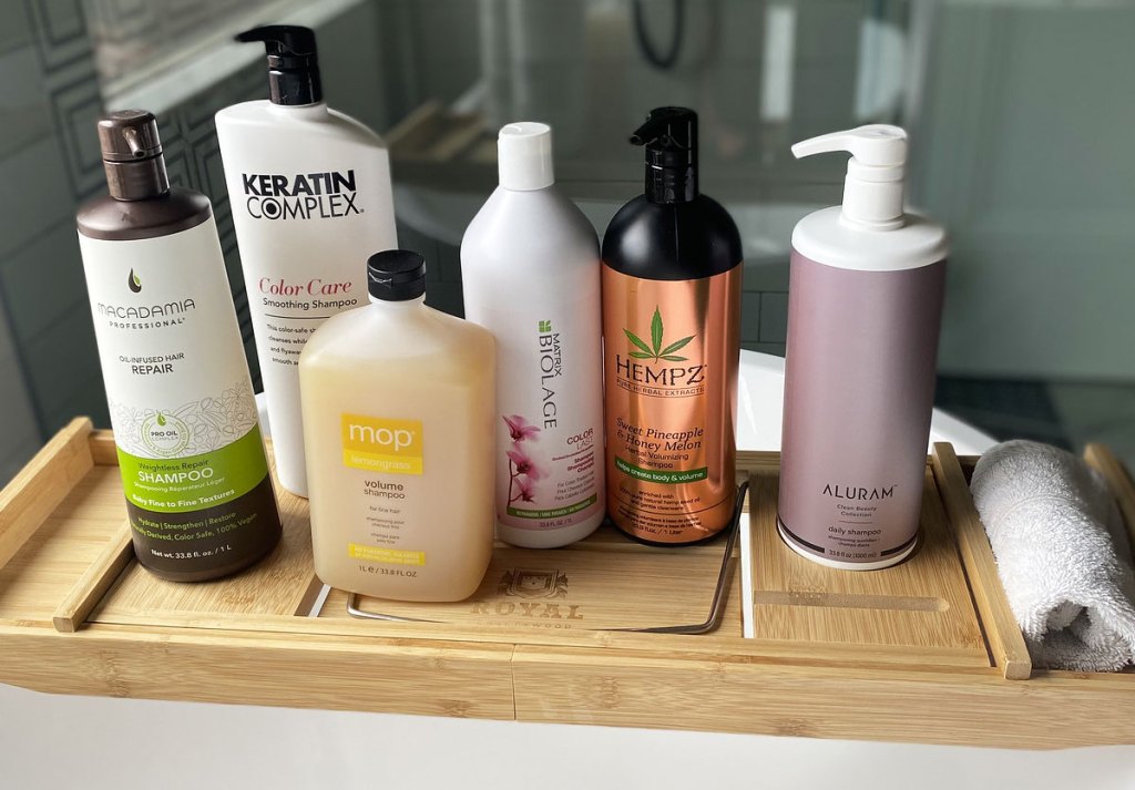 haircare liters on bath tray