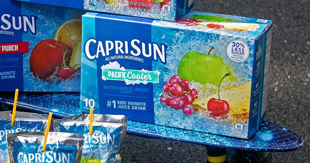 Large pack of Capri sun Pacific Cooler on a skateboard