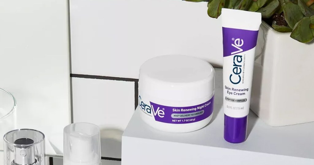 purple and white cerave products on bathroom shelf