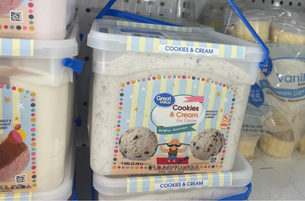 A gallon tub of Walmart Cookies and Cream Ice Cream 