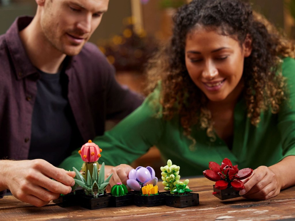Couple working on Lego Succulents
